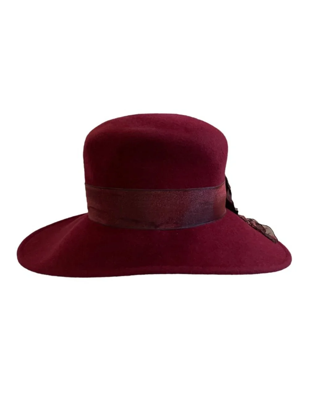 Louise Green Burgundy Wool Felt Wide Brim Hat With Floral Ribbon Detail